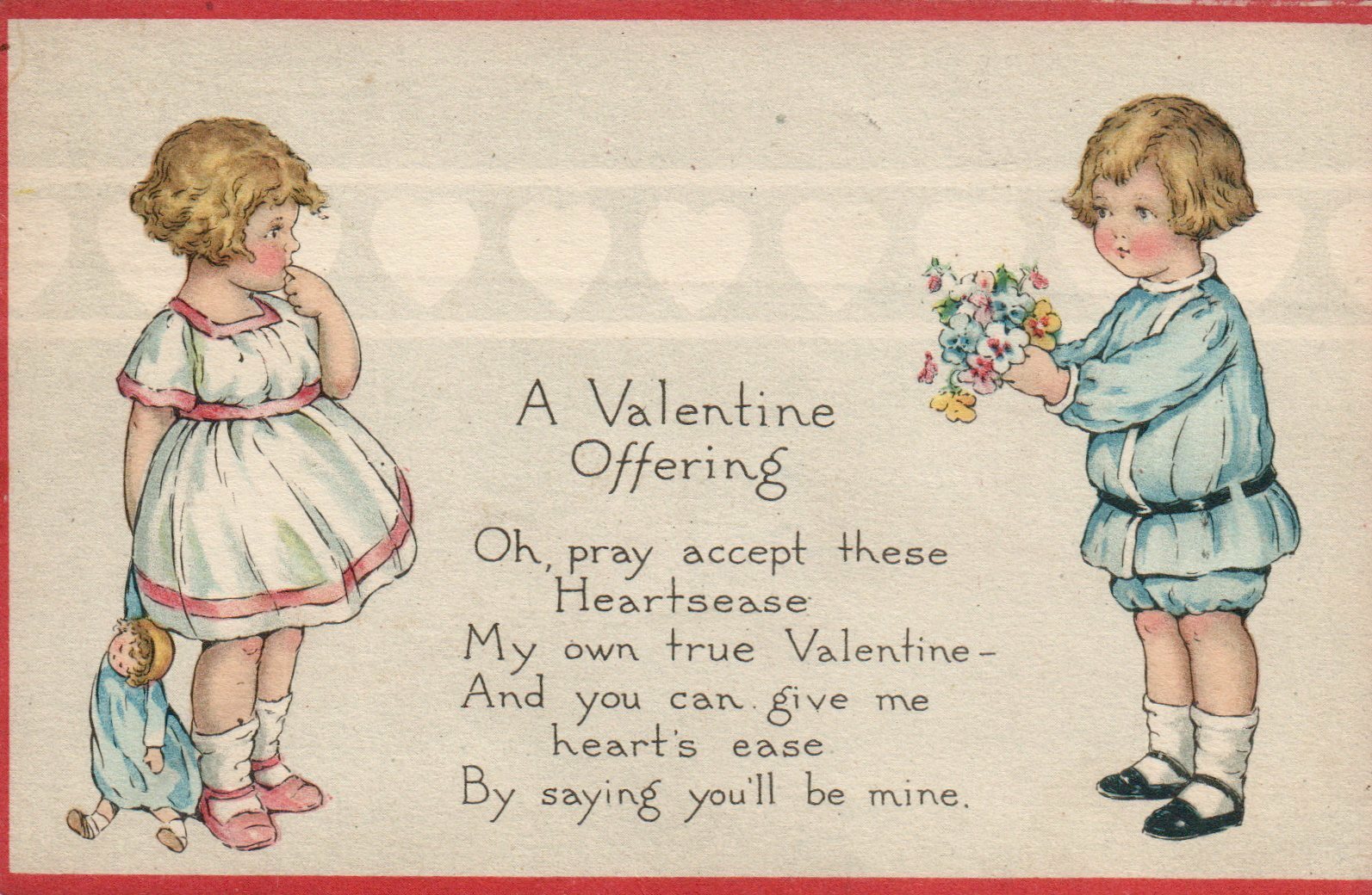 9064 Boy Handing Young Girl Flowers Valentine Offering Red Border Postcard