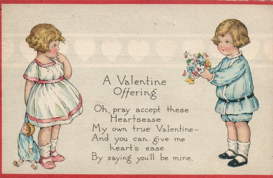 9064 Boy Handing Young Girl Flowers Valentine Offering Red Border Postcard