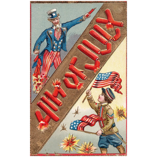 July 4th Uncle Sam w/ Little Soldier Boy Holding American Flag Postcard