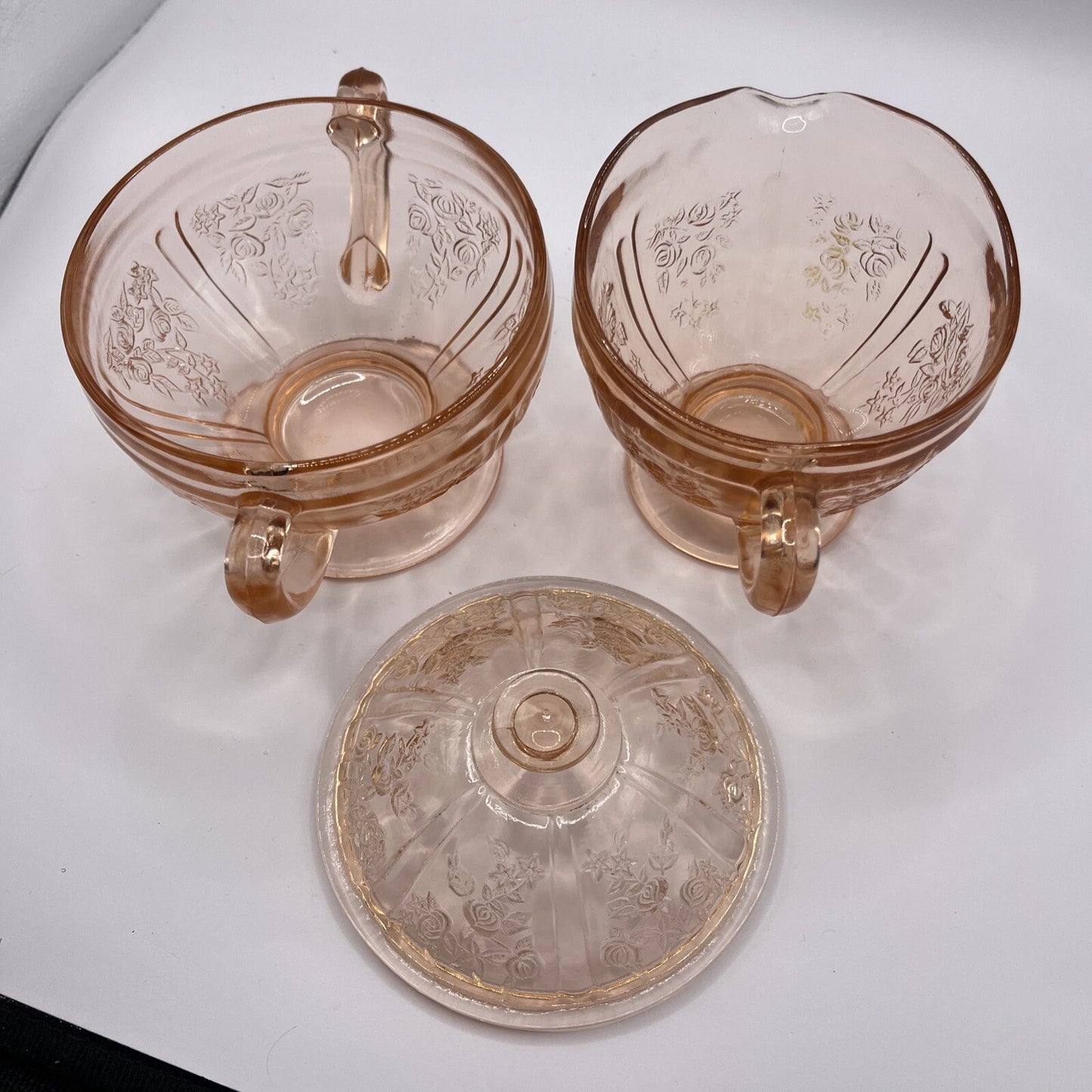 Federal Glass SHARON "Cabbage Rose" Pink Sugar Bowl w lid and pedestal MINT COND