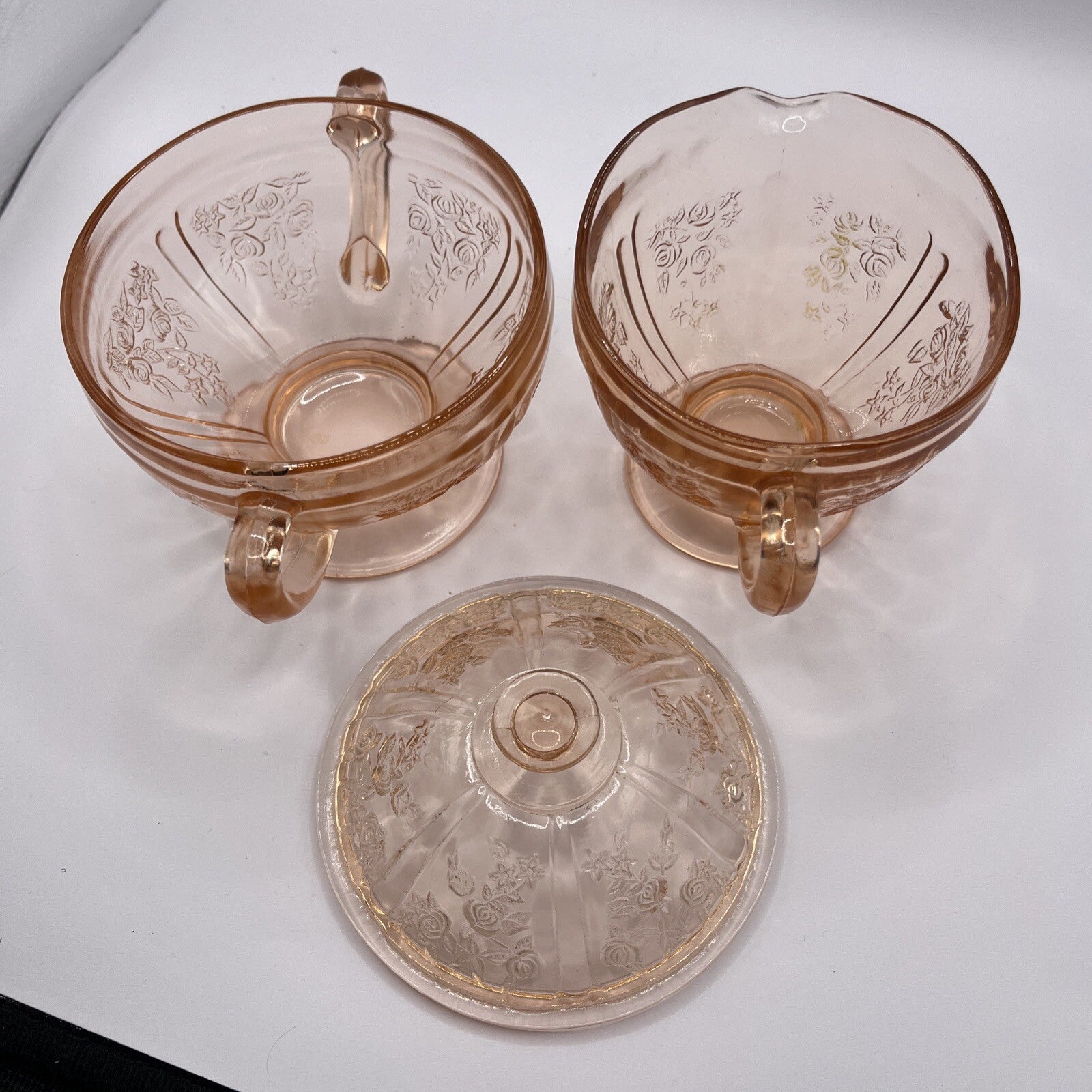 Federal Glass SHARON "Cabbage Rose" Pink Sugar Bowl w lid and pedestal MINT COND