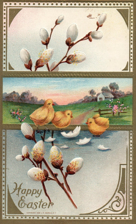 Gold Metallic Conwell Scenic View Chicks Flowers Easter Postcard