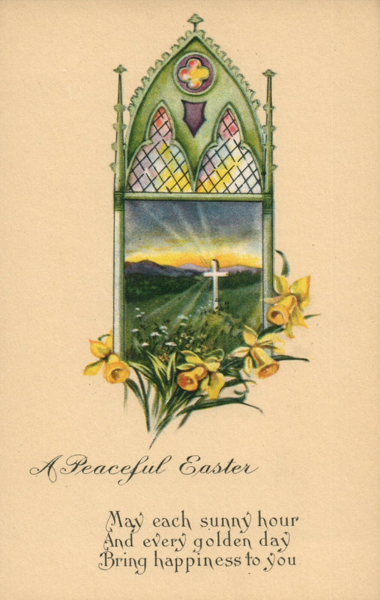 Yellow Background Stained Glass Window Cross In Field Flowers Easter Postcard