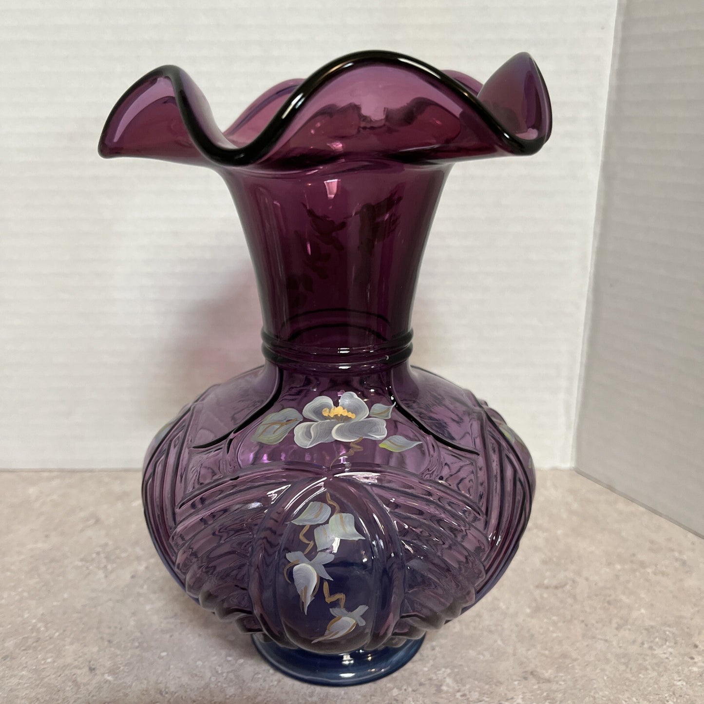 Fenton mullberry Melon Vase  H/P Floral Design, numbered & signed