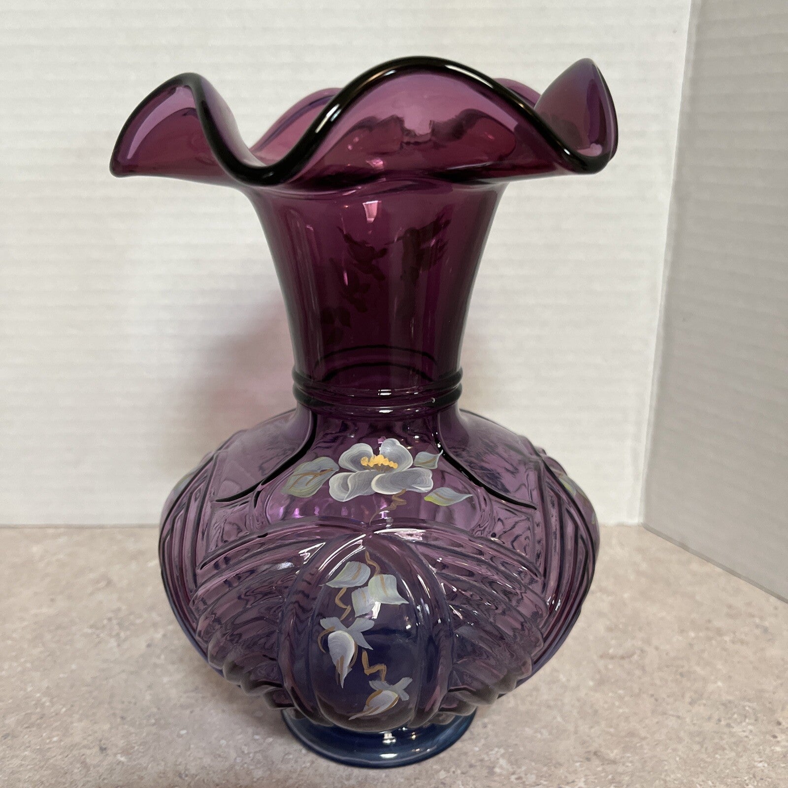 Fenton mullberry Melon Vase  H/P Floral Design, numbered & signed