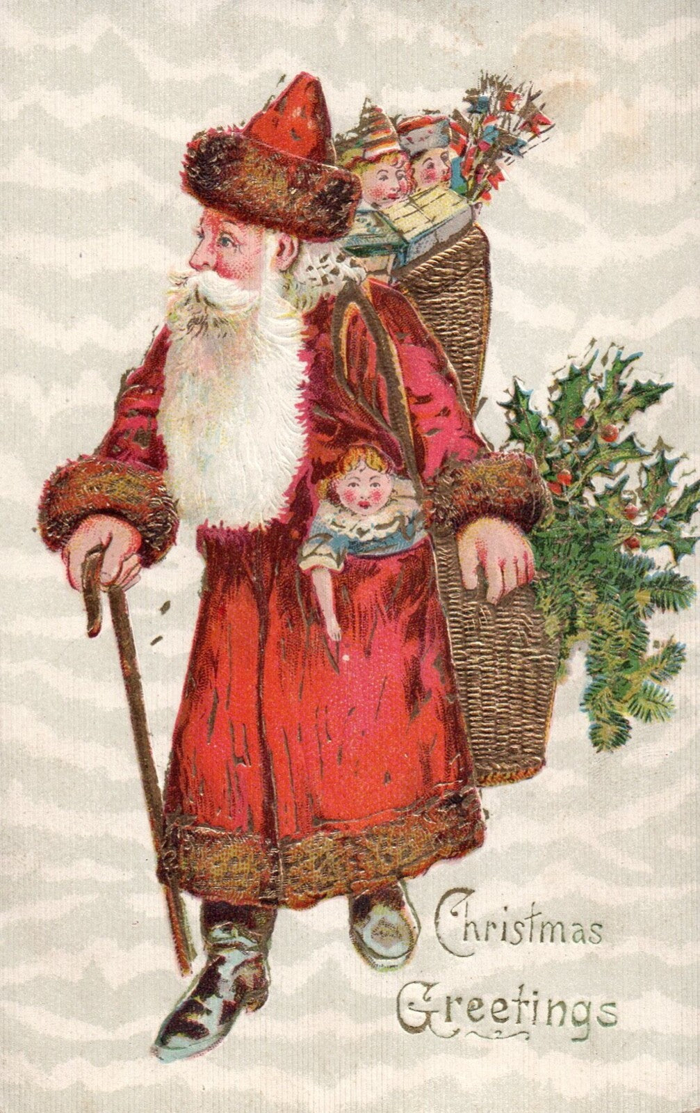 Christmas Greetings Gold Gilt Santa Carrying Holly & Toys Santa Postcard