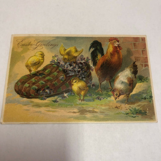 Fabulous Vintage Easter Rooster, Hen Chicks with Old Shoe Slipper Postcard