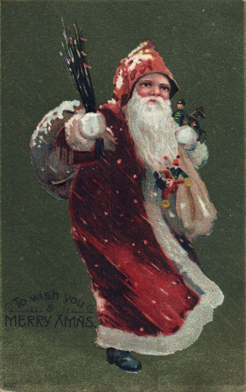 1908 Santa Walking Through Winter Storm to Deliver Presents to Children Postcard