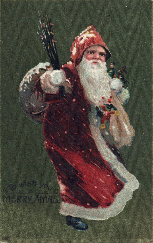 1908 Santa Walking Through Winter Storm to Deliver Presents to Children Postcard