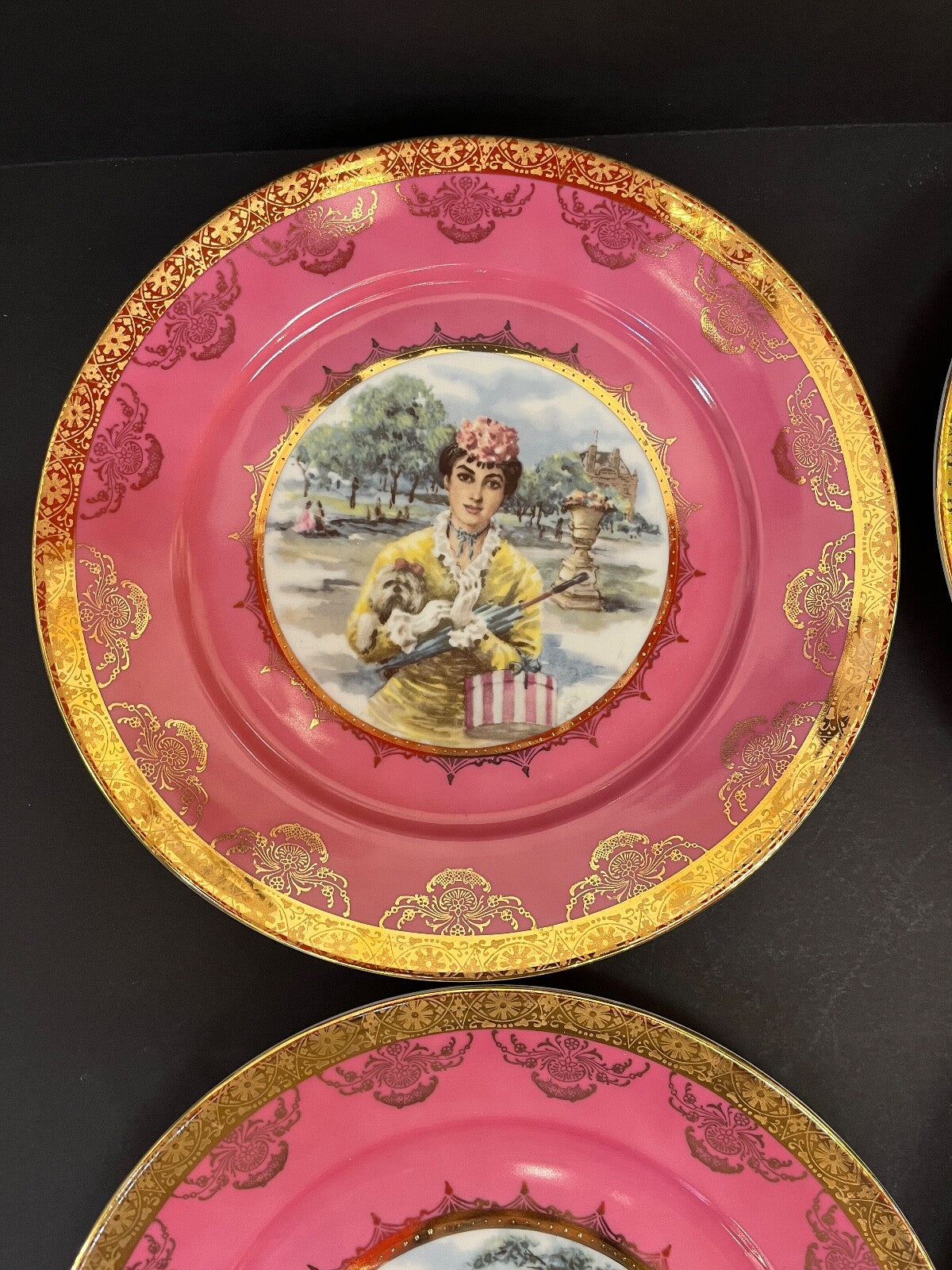 Vintage Set of 4 Bavaria Pretty Lady Portrait Pink Plate with Gold Trim