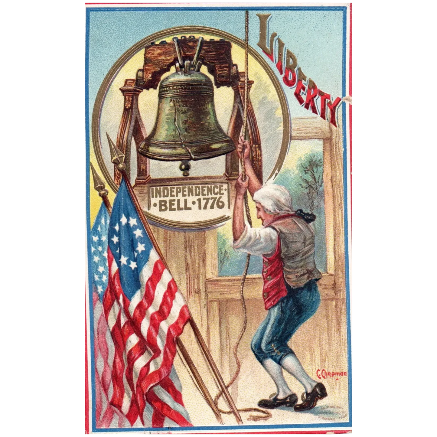 Liberty Independence Bell 1776 Man Ringing Bell Vintage Patriotic Postcard