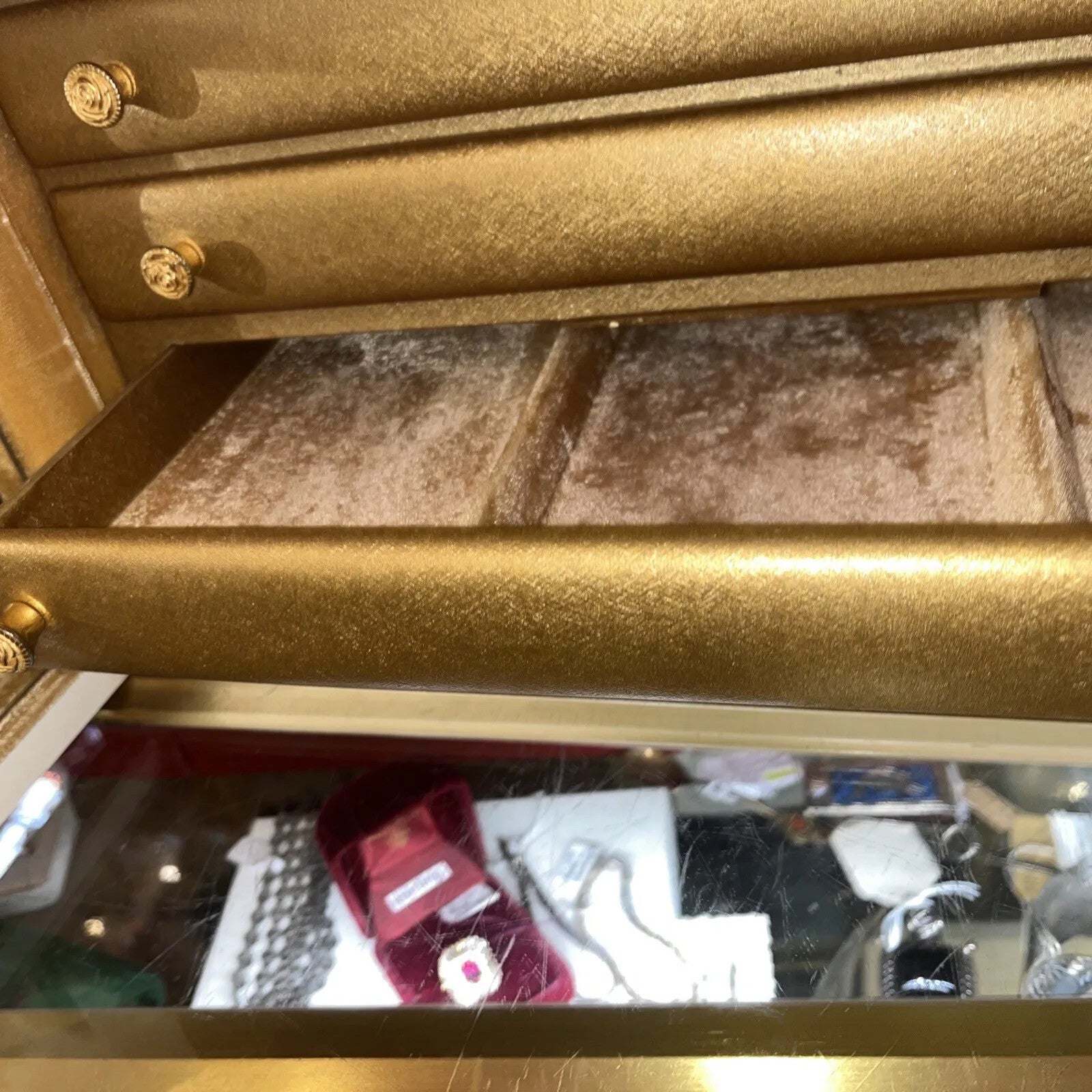 RARE VTG Gold Hollywood Regency Style Mirrors,4 Drawer Velvet lined Jewelry Box