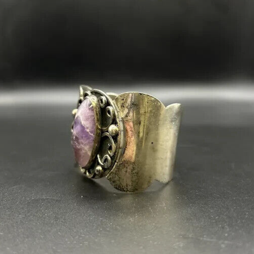 Vintage Hecho Mexico Sterling Silver 925 Amethyst Native Cuff Bracelet