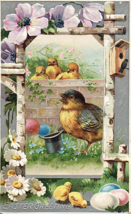 Easter Greetings Chick with Top Hat & Colorful Eggs Vintage Easter Postcard