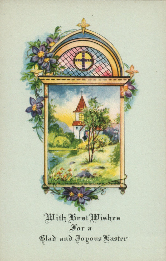 Blue Background Gold Border Stained Glass Church Scene Easter Postcard