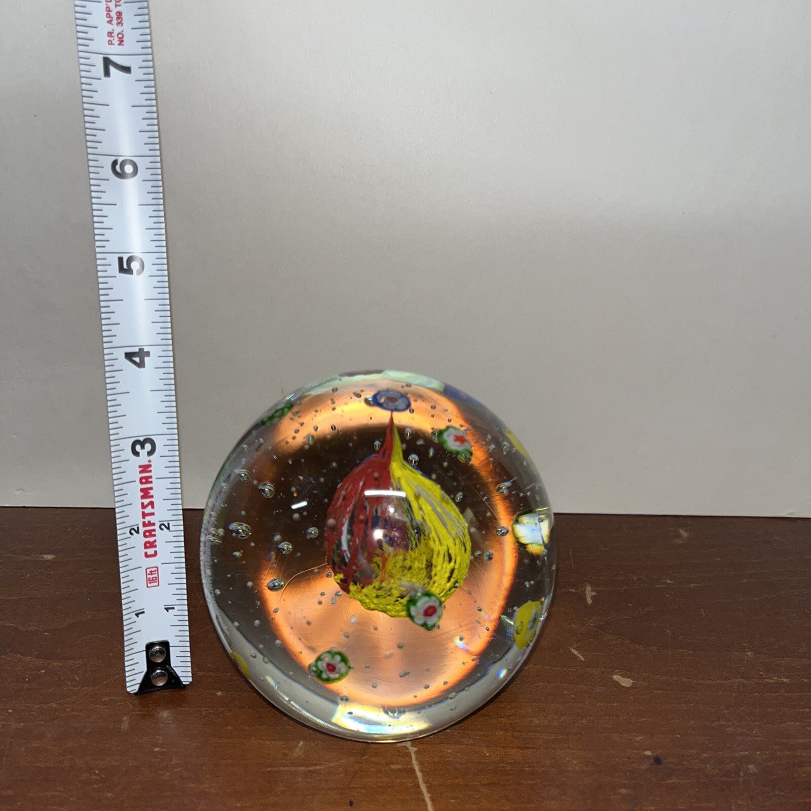 Vintage Art Glass Bubble Round Spear Paperweight Blue Red  Blue Yellow Clear 4”