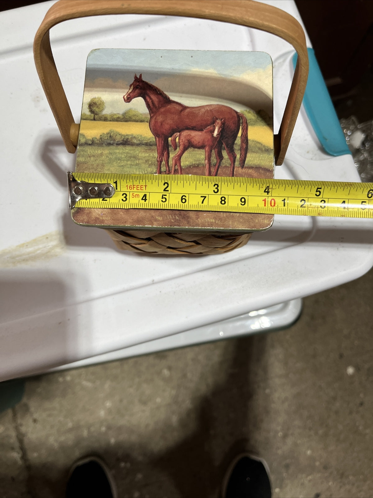 Vintage small Brown Woven Basket With Horses On Cover RARE. 4” X 4”, 4”