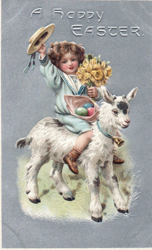A Happy Easter Child Riding Baby Goat Silver Gilt Vintage Easter Postcard