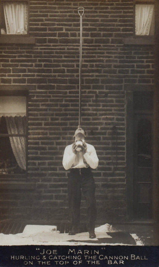 Real Photo "Joe Marin" Hurling & Catching the Cannon Ball Vintage Postcard
