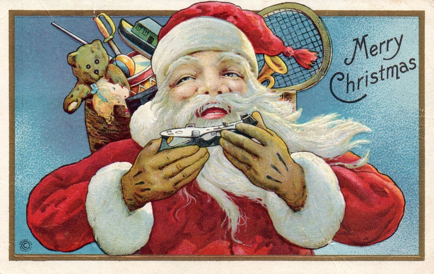 Merry Christmas Santa With Toys in Bag Airplane Vtg Santa Postcard
