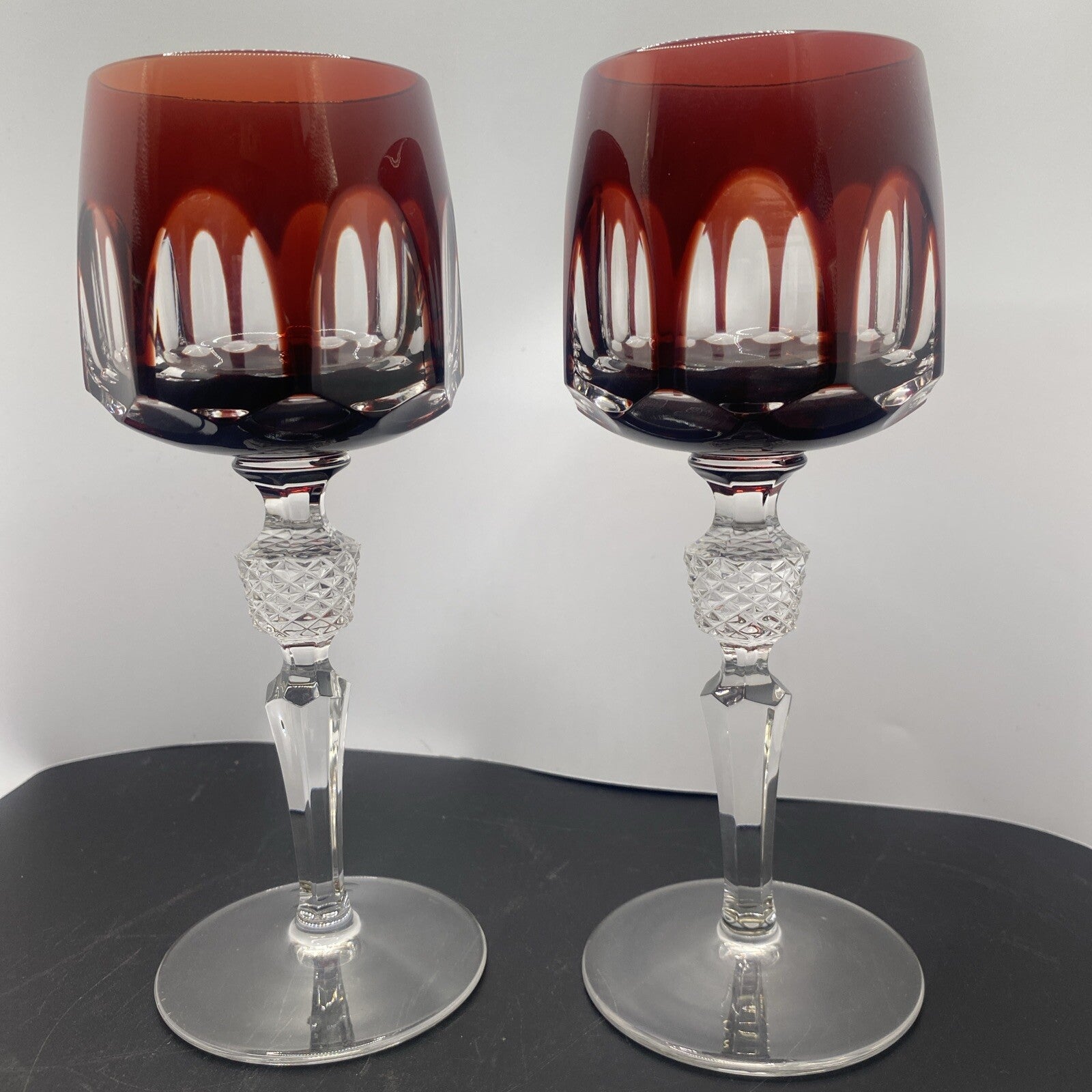2 NACHTMANN ANTIKA Crystal 8" Cut To Clear WINE GOBLET Bohemian Ruby Red