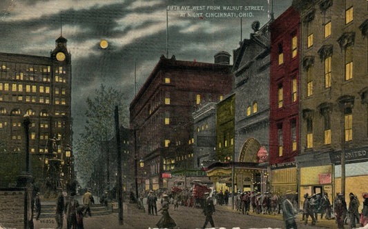 Fifth Ave., West from Walnut Street, At Night, Cincinnati, Ohio Postcard