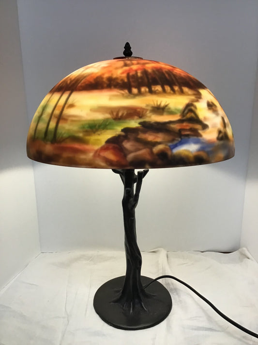 Vintage Scenic Reverse Painted table Lamp light Lighting Tree Base