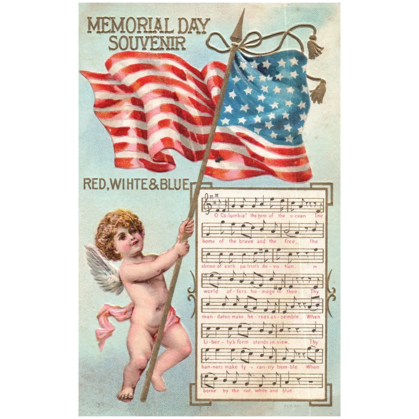 Memorial Day Souvenir Red White & Blue American Flag Vintage Patriotic Postcard