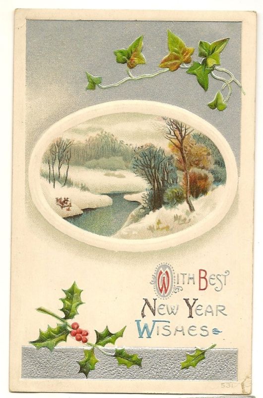 New Year Wishes Series 531 Holly Ivy Circle of Winter River Scene Postcard