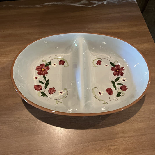 Stangl Pottery GARLAND 10 5/8" Divided Serving Bowl Red White Green Floral EXC.