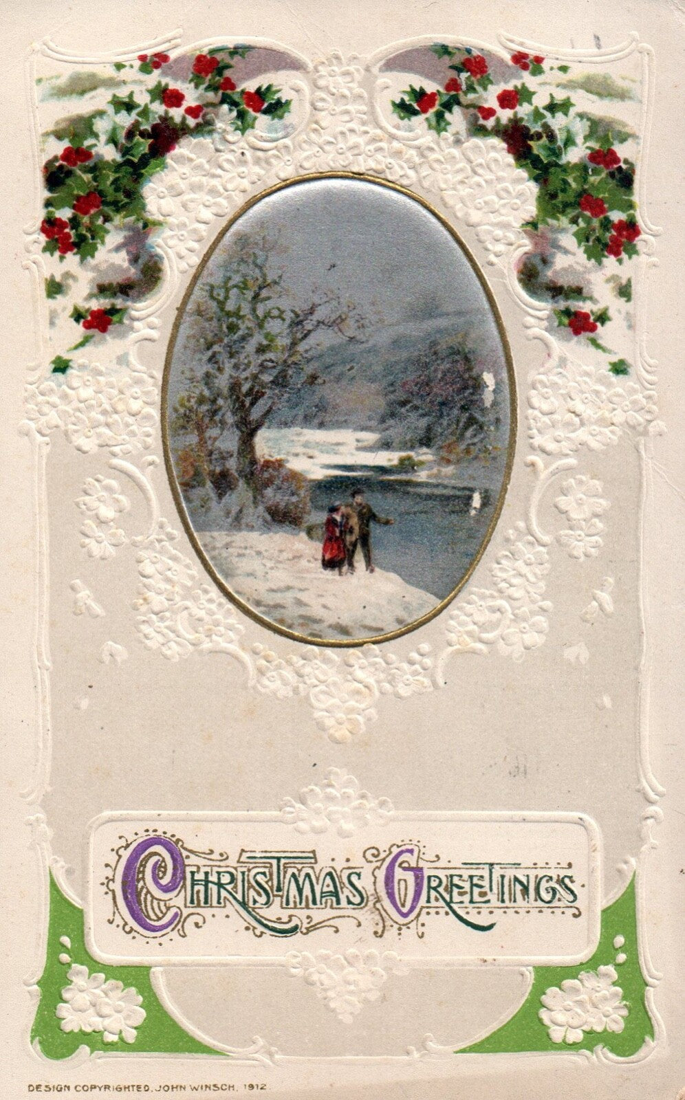 John Winsch Christmas Greetings Embossed Winter Scene Vintage Postcard