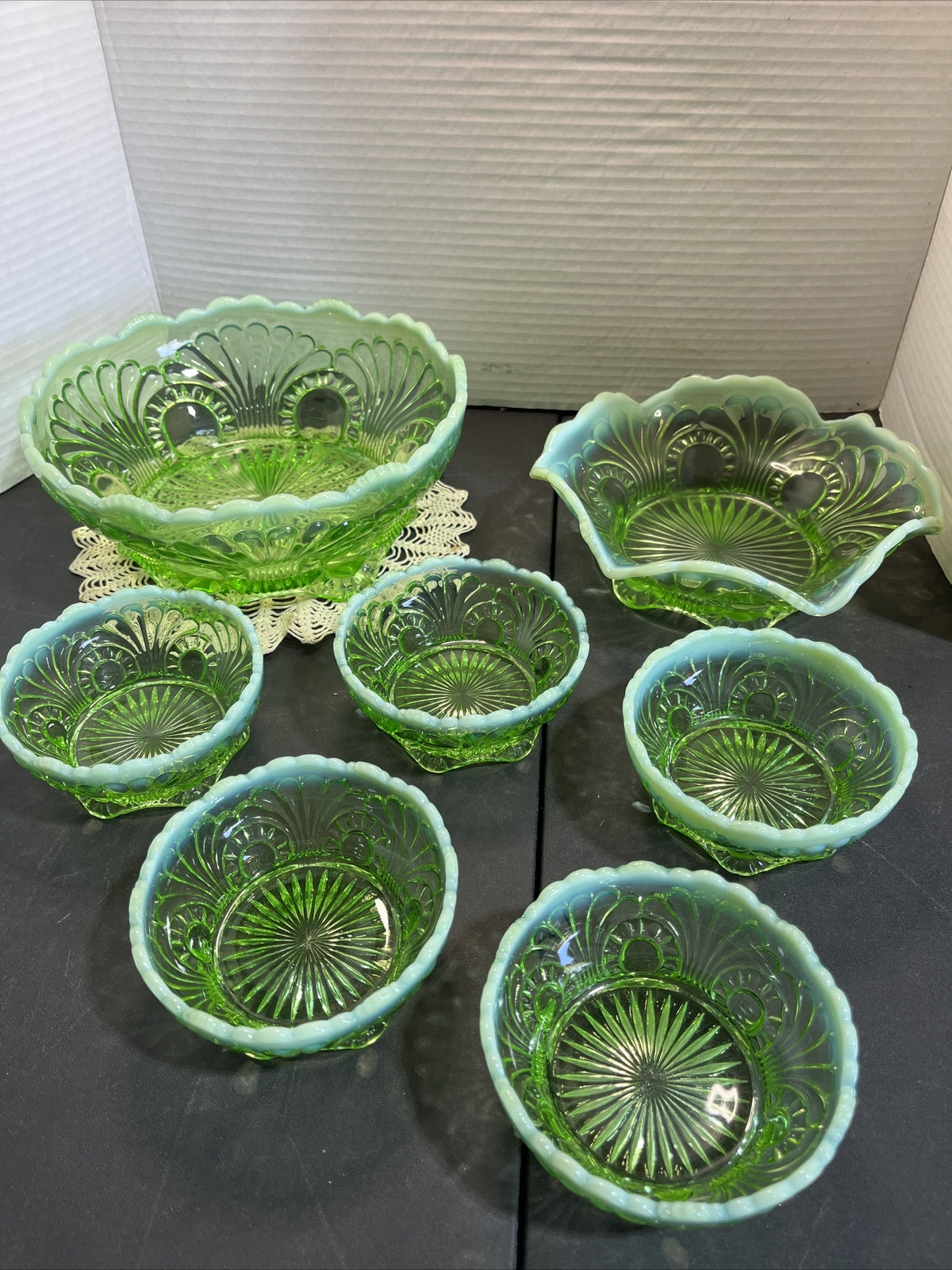Antique Jefferson Glass 1907 Tokyo Green Opalescent Large, Med & 5 Small Bowls