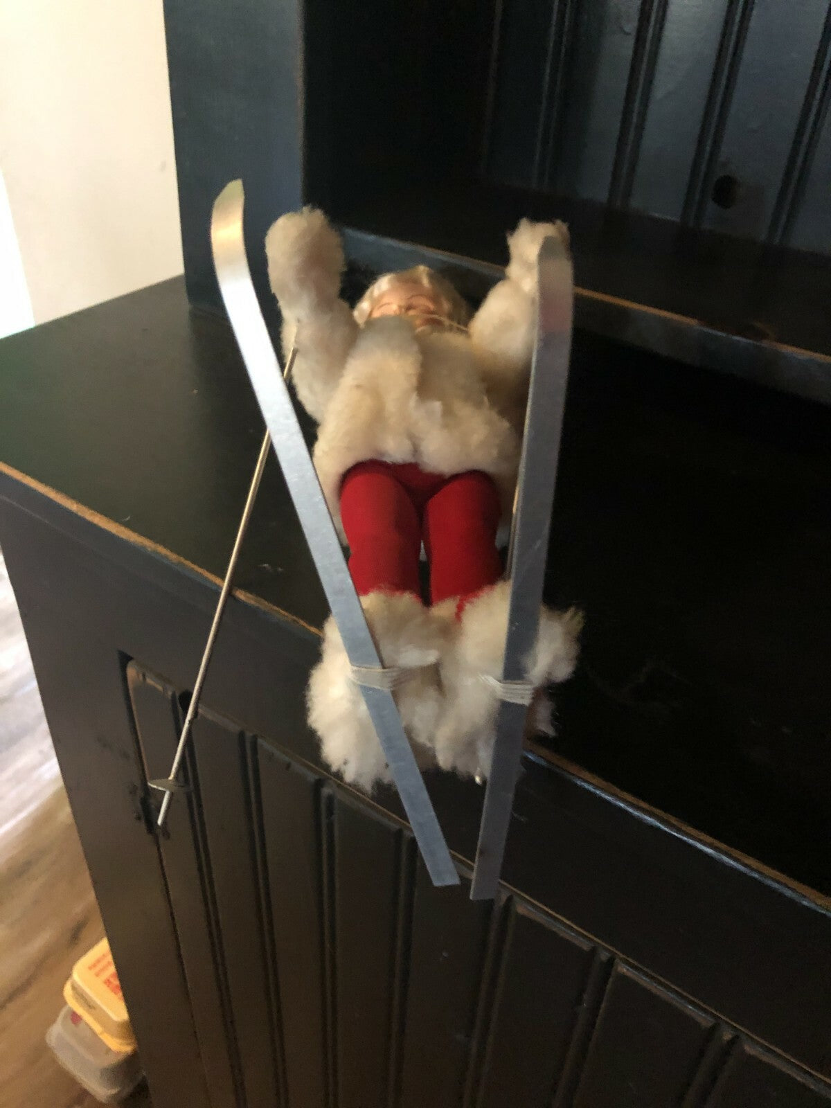  Porcelain Doll  White Fur Coat  12" Tall with Skis and polls