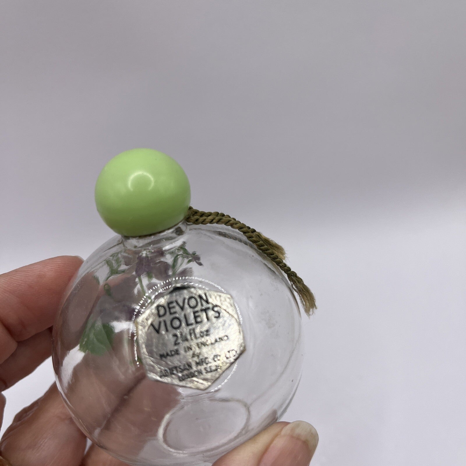 Empty Vtg Hand Painted Devon Violets Abietsan Perfume Bottle Green Lid England