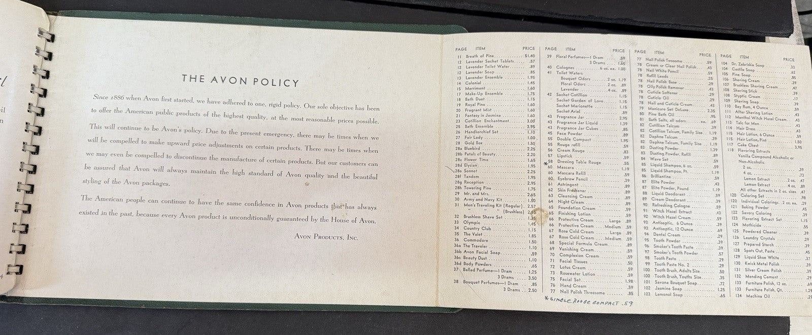 RARE Vintage Avon 1942 Spiral Bound Catalog Color Picture Products Price List