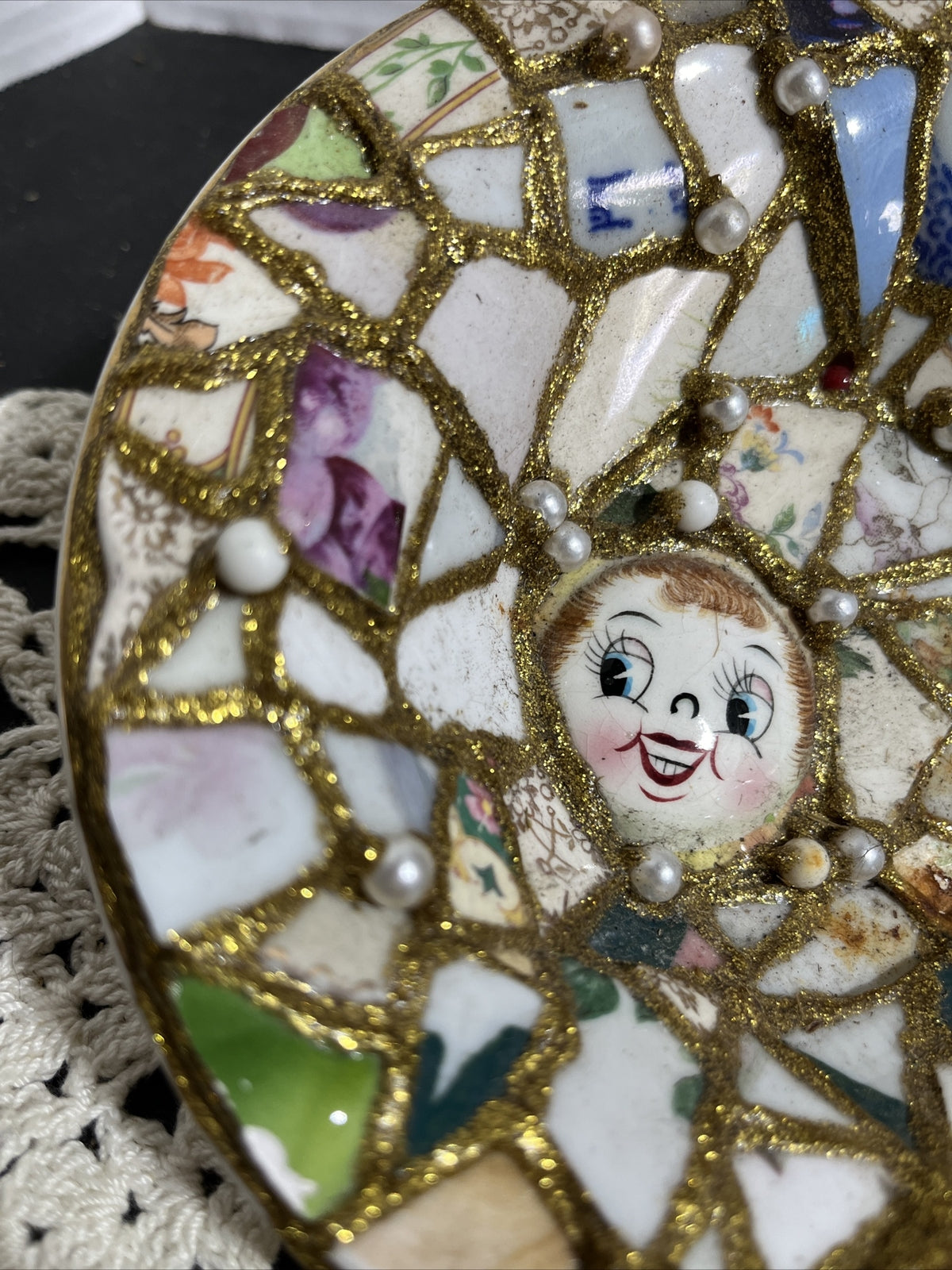 Vintage Hand Cut & Made Mosaic Vintage China Pieces, Funky Fun Piece