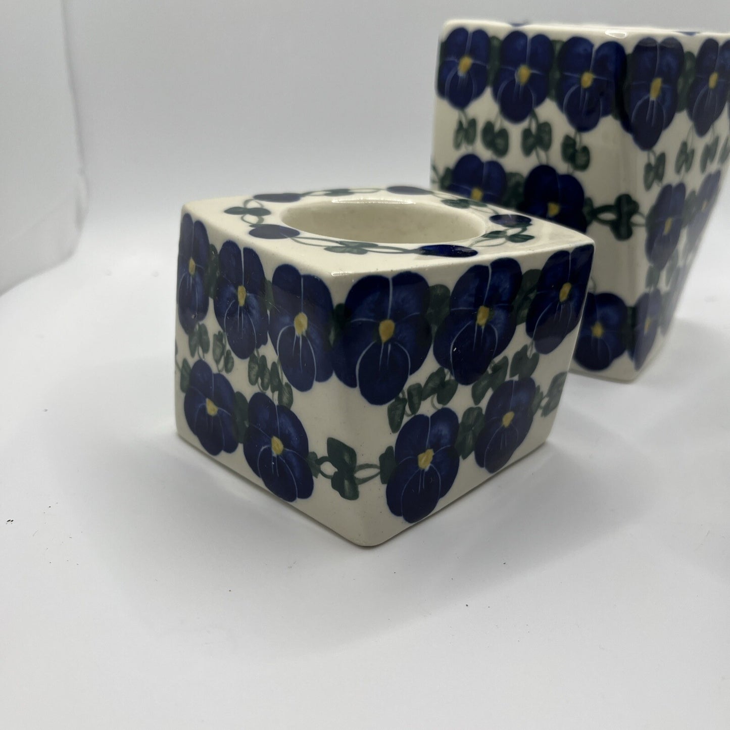 Polish Pottery Candle Holders Wild Blueberry Artistic Ceramics Set Of 3