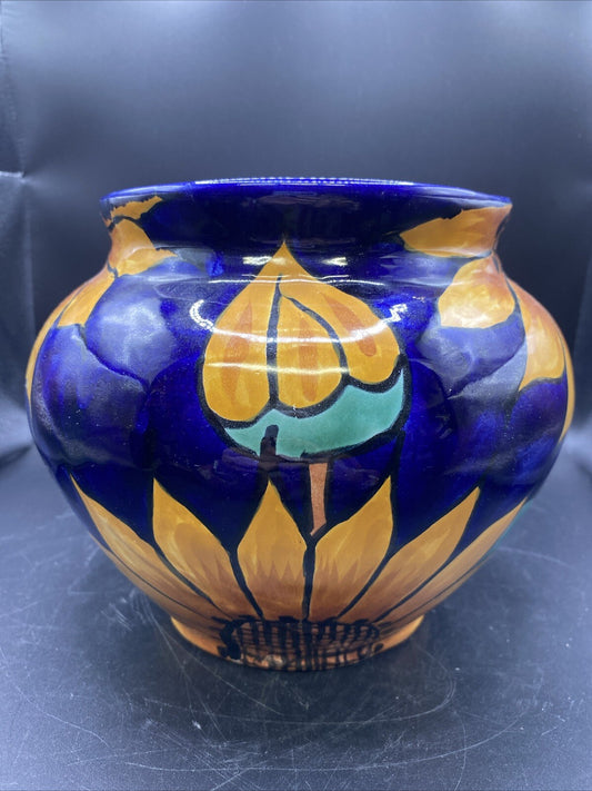 VTG 7" tall Terracotta Pottery Planter Vase Mexican Talavera 1980's Sunflower