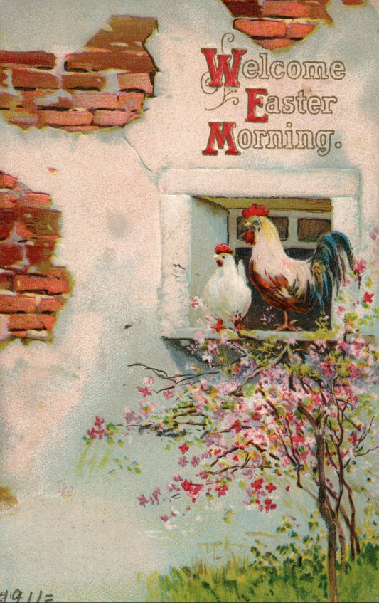 Hen and Rooster Standing On Window Cherry Blossom Tree Easter Postcard