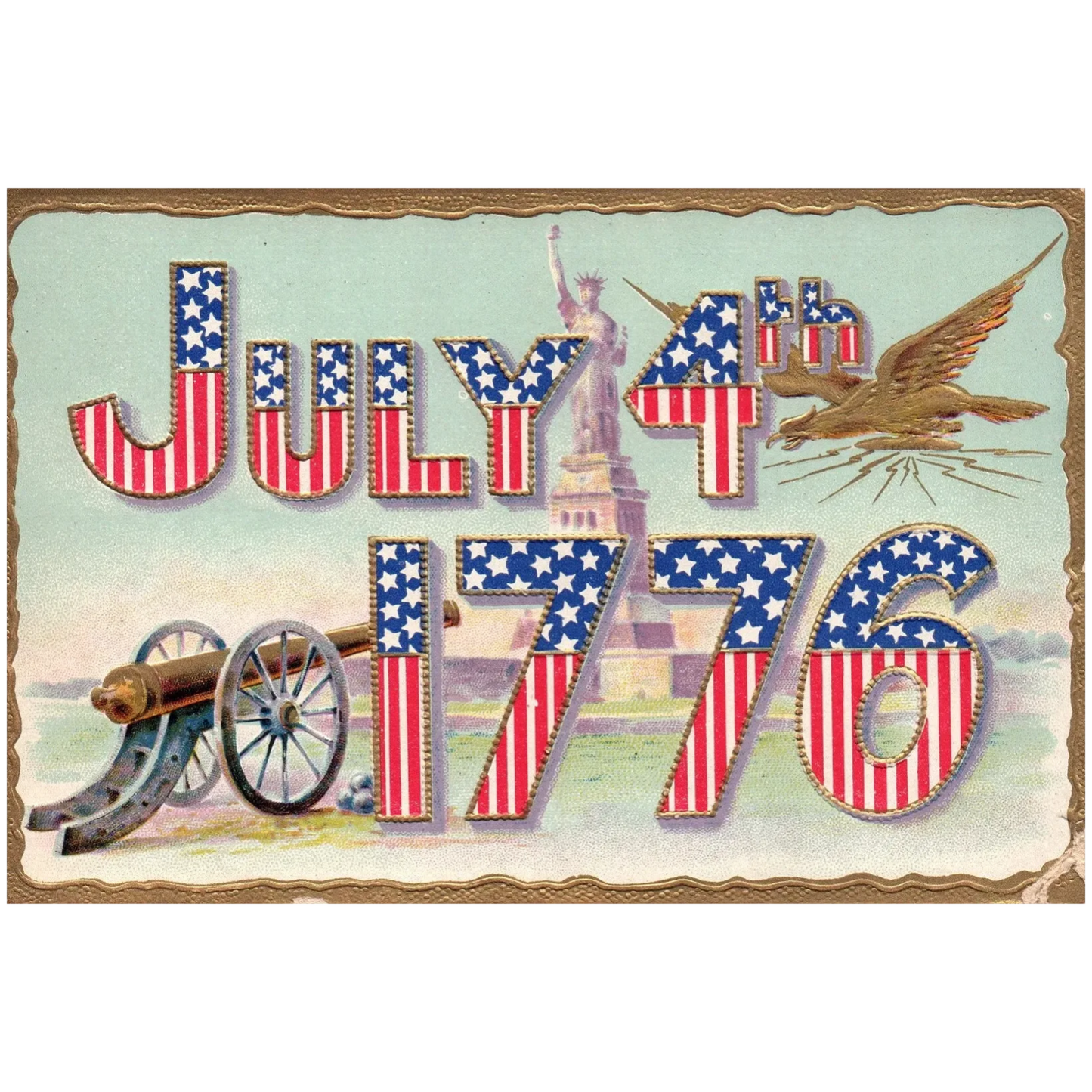 July 4th 1776 Statue of Liberty Bald Eagle & Cannon Vintage Patriotic Postcard