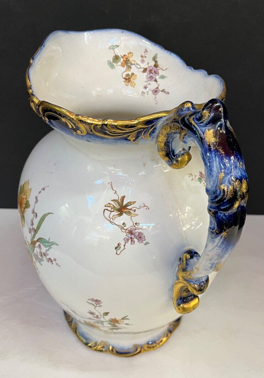 Rare Antique 1800's E. Henderson Floral White Blue & Gold Pitcher