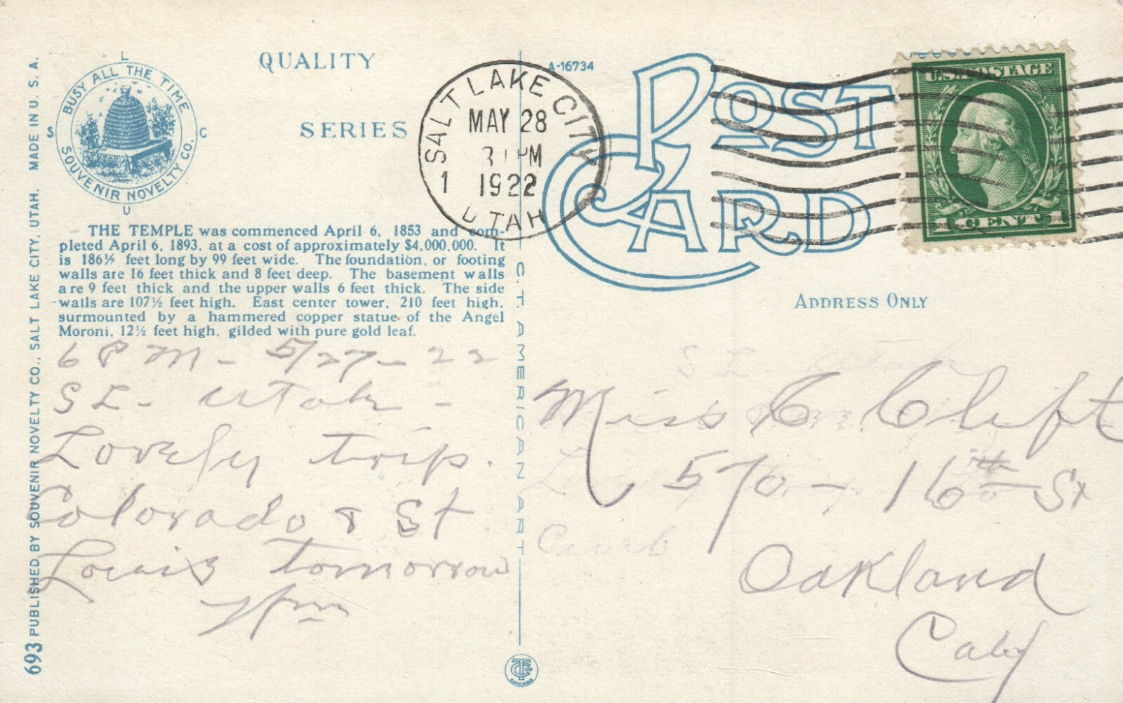 The Mormon Temple Salt Lake City  UT Utah Postcard