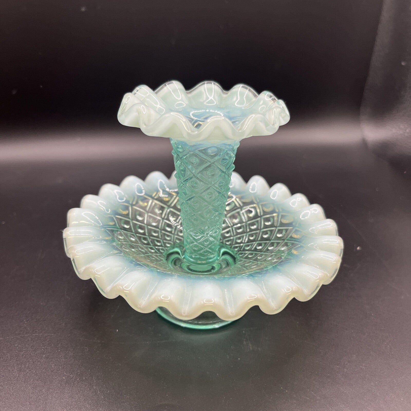 Vintage Fenton Blue/green  Opalescent Epergne Vase 1940s Hobnail Horned Vase