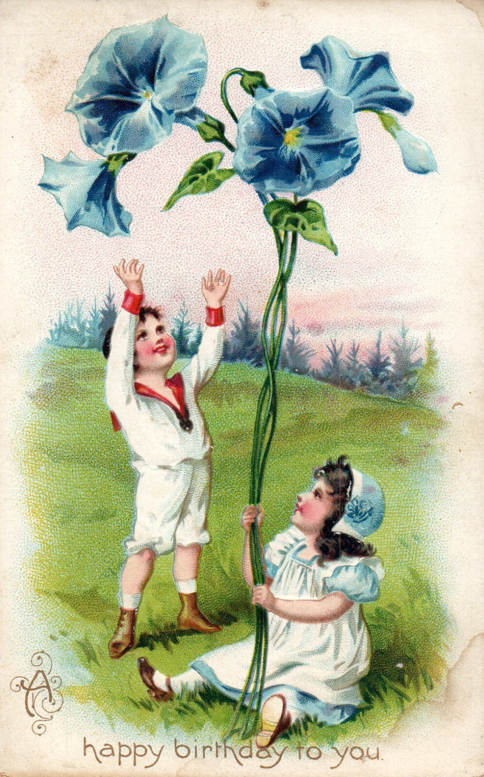 Raphael Tuck Birthday Girl Boy with Blue blowers