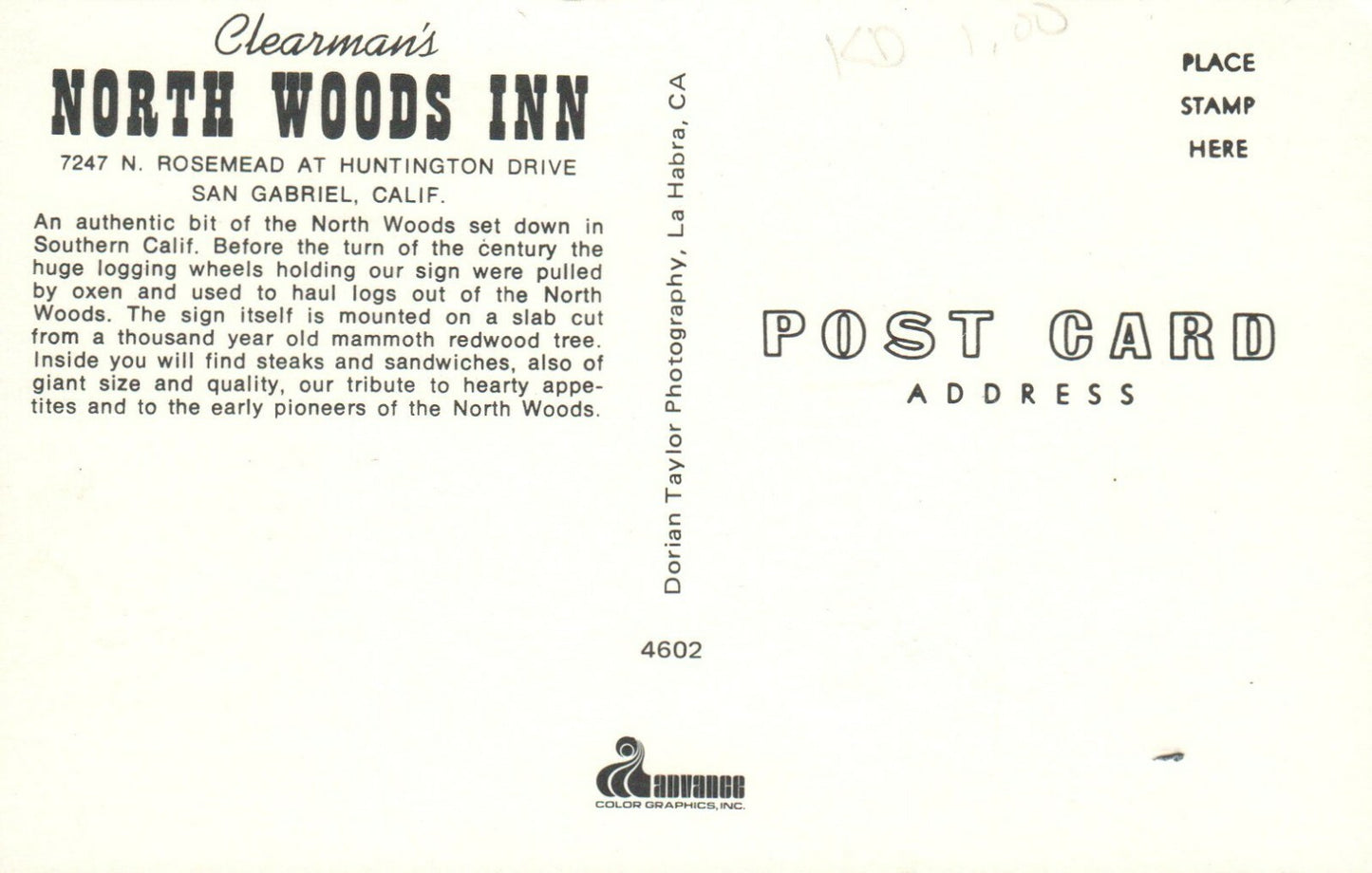 Clearmans North Woods Inn San Gabriel California CA Restaurant Postcard