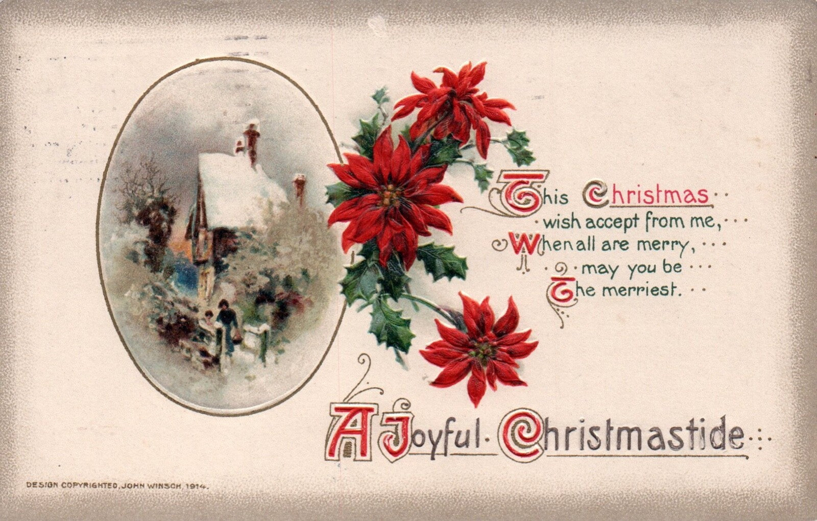 Vintage John Winsch A Joyful Christmastide Snowy House Poinsettia Postcard
