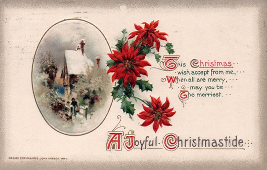 Vintage John Winsch A Joyful Christmastide Snowy House Poinsettia Postcard