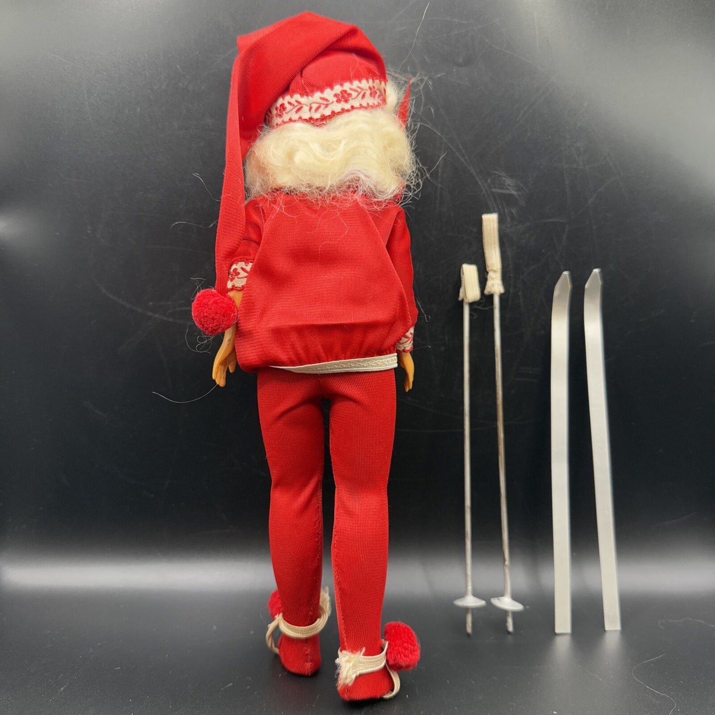 Vintage Doll red outfit stocking cap 12" Tall with Skis and polls