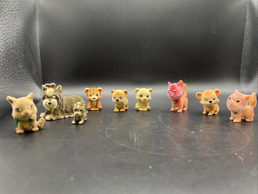 9 Vintage Flocked Dogs, Cats Tigers Originals Felt Fuzzy Animals