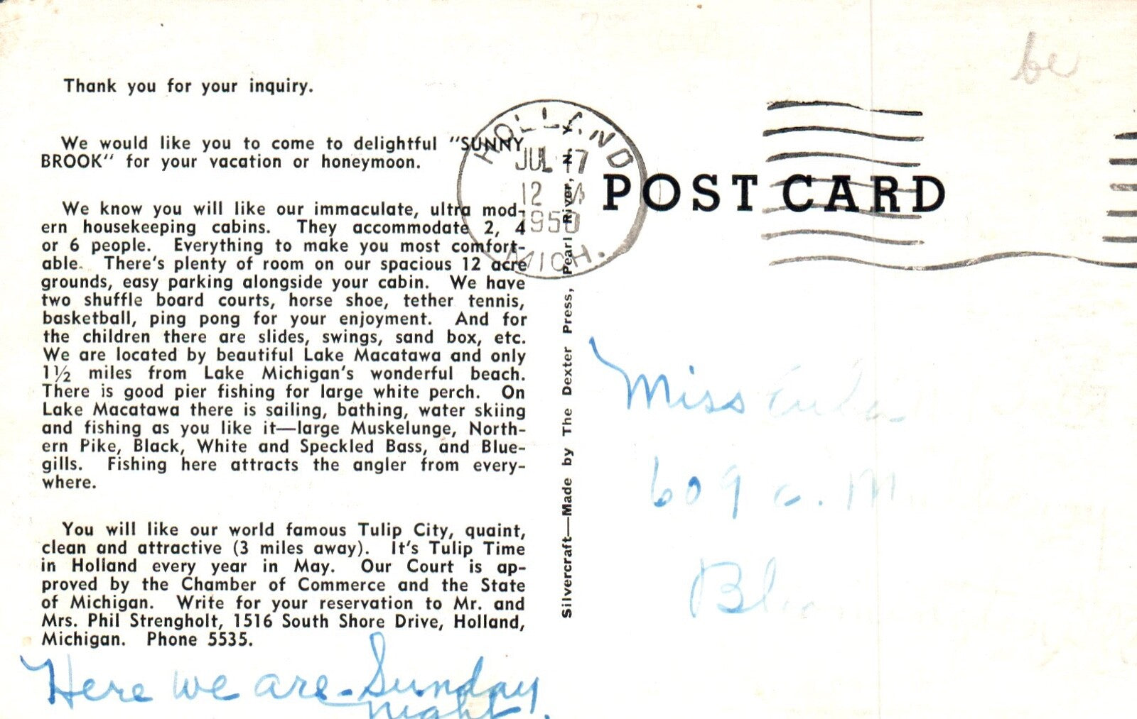 Sunny Brook Tourist Court in Holland Michigan Mich MI Postcard